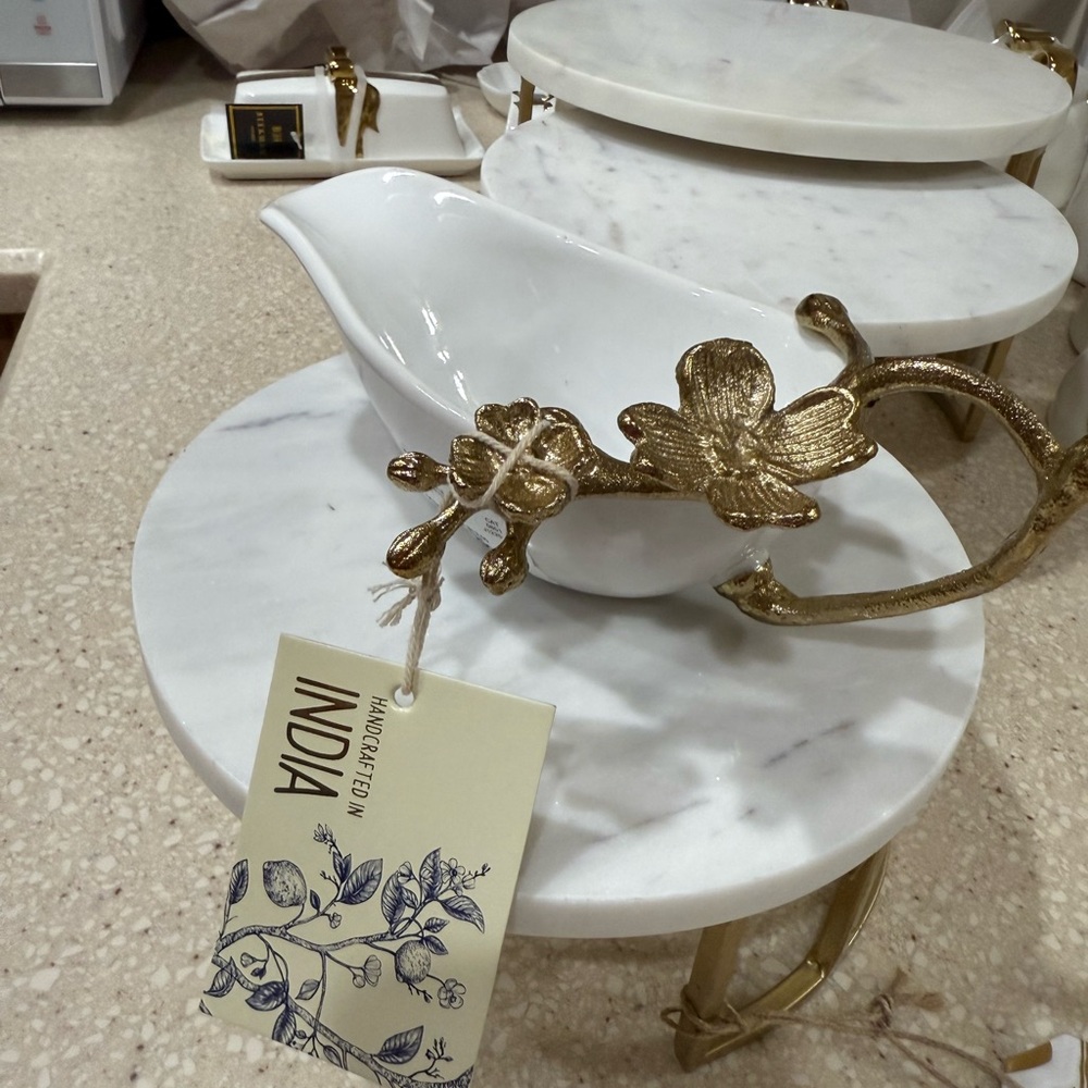 White and Gold Floral Handle Gravy Boat